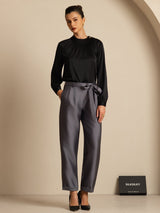 [Black] SilkSilky-AU 19Momme Stretch Silk Charmeuse Long Sleeve Round Neck Blouse 006