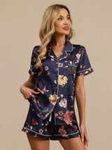 [Navy Floral] SilkSilky-AU Short Sleeve Notch Collar Women's Pyjamas 006