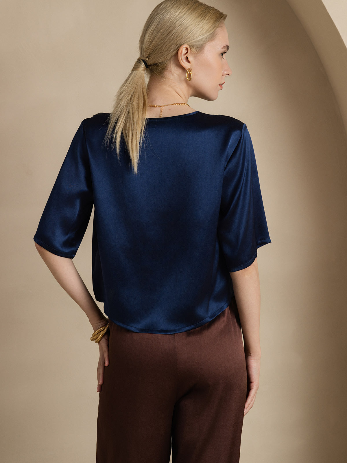 [Dark Blue] SilkSilky-AU Pure Silk Boat Neck Women's T-Shirt 002