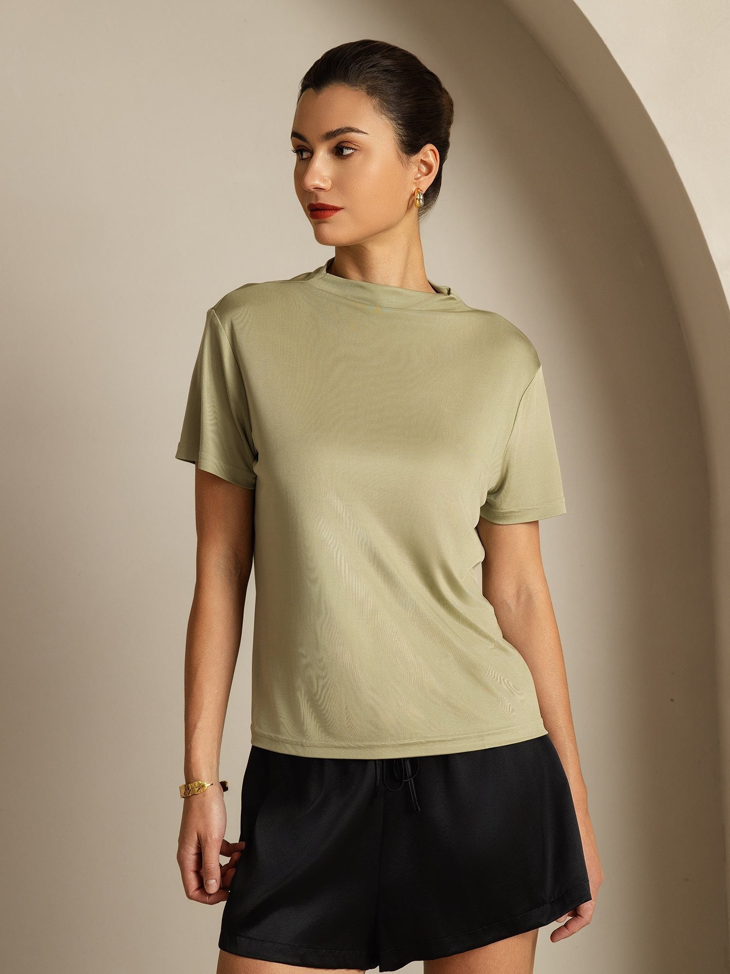 [Dried Herb] SilkSilky-AU Pure Silk Collar Women's T-Shirt 001