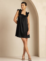 [Black] SilkSilky-AU 19Momme Silk Sleeveless Square Neck Dress 001