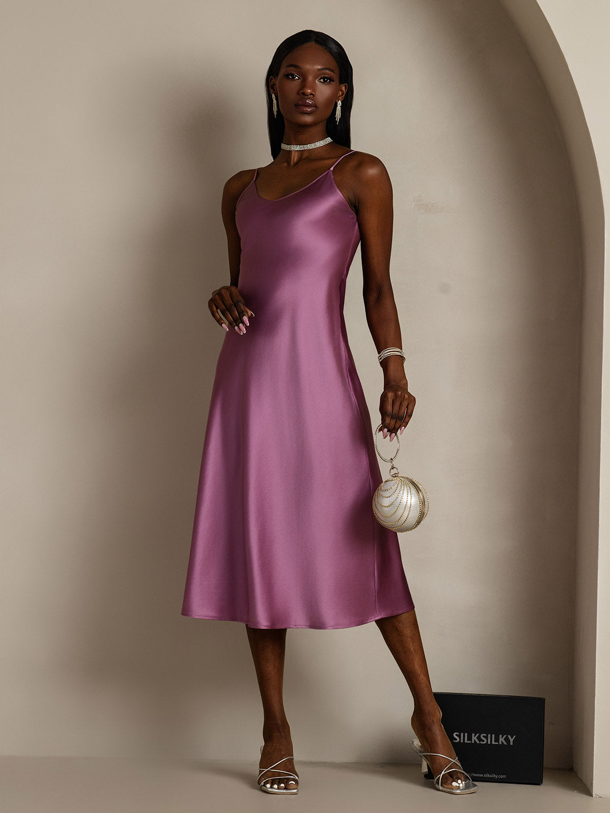 [Deep Purple] SilkSilky-AU Pure Silk Round Neck Dress 007,