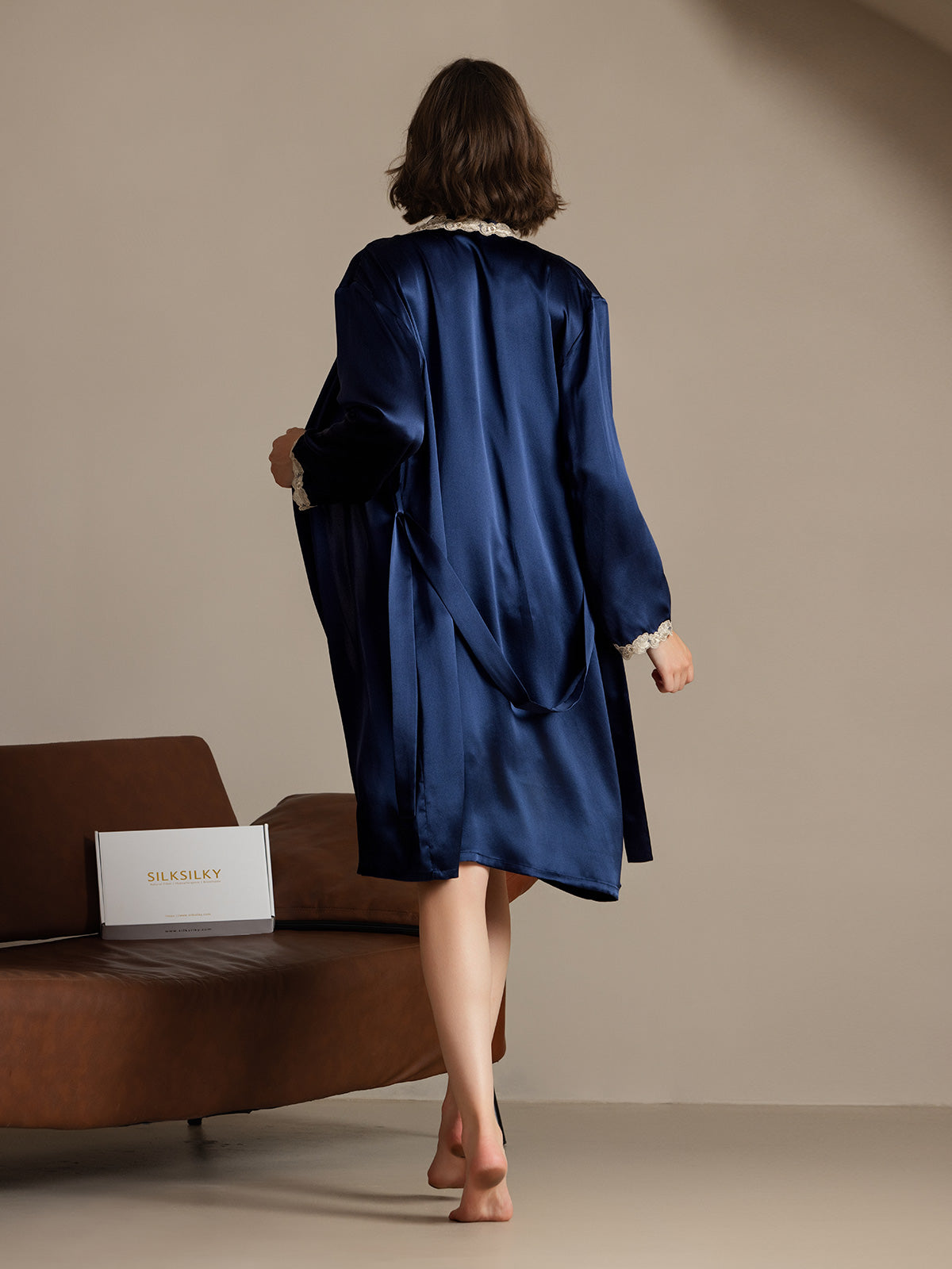 SilkSilky-AU Pure Silk Long Sleeve V Neck Nightgown&Dressing Gown Set DarkBlue 002