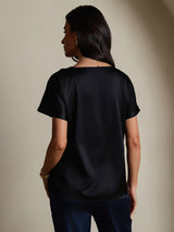 [Black] SilkSilky-AU 19Momme Stretch Silk Charmeuse Short Sleeve Boat Neck Women's T-Shirt 002