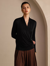 [Black] SilkSilky-AU Long Sleeve Wrap Women's Blouse 003