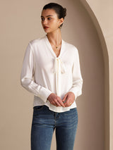 [White] SilkSilky-AU Long Sleeve Tie Neck Women's Blouse 005