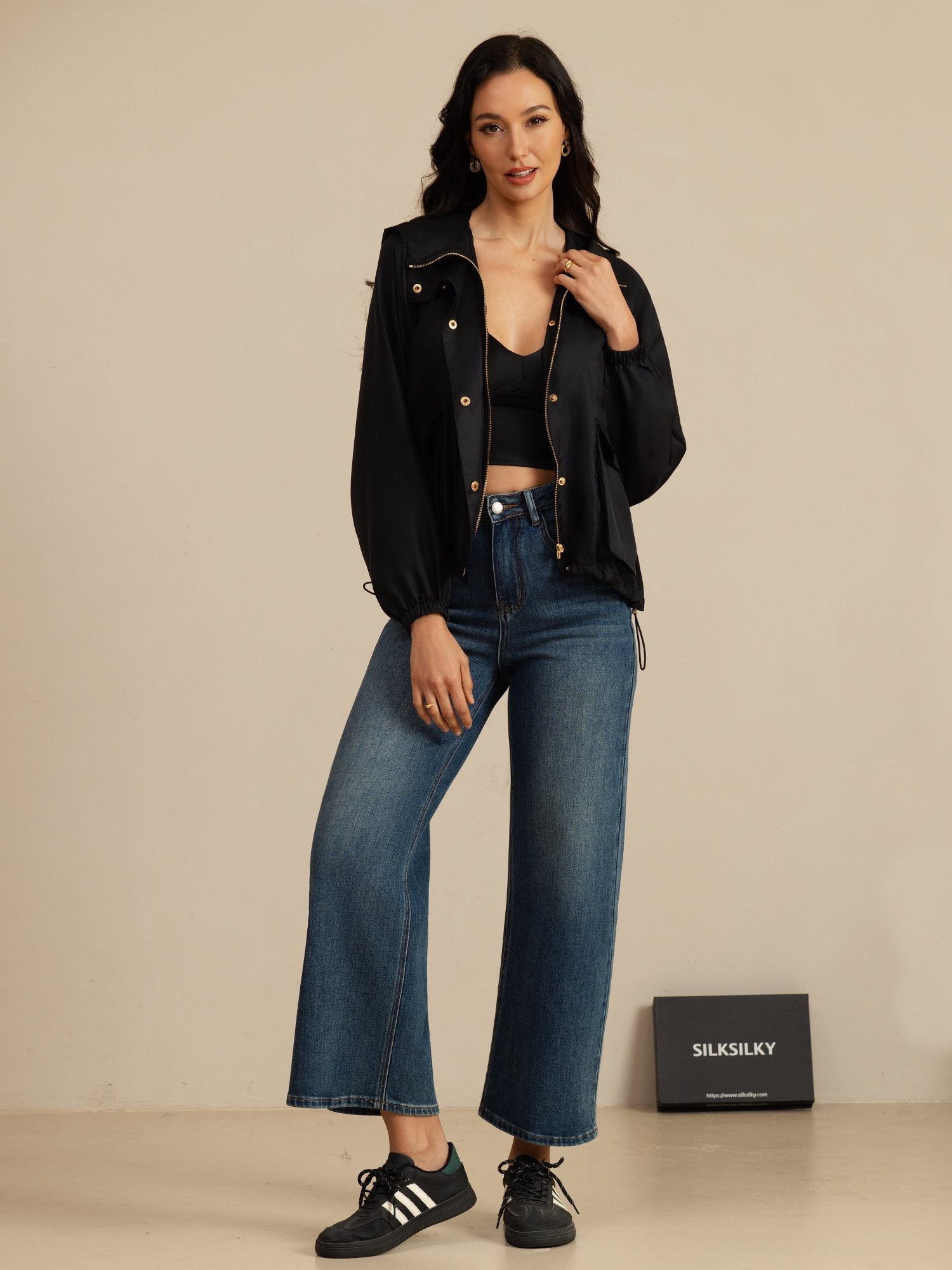 [Black] SilkSilky-AU Silk Satin Surah Long Sleeve High Neck Women's Outerwear 007