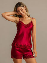 [Wine] SilkSilky-AU Spaghetti Strap V Neck Camisole Set 001