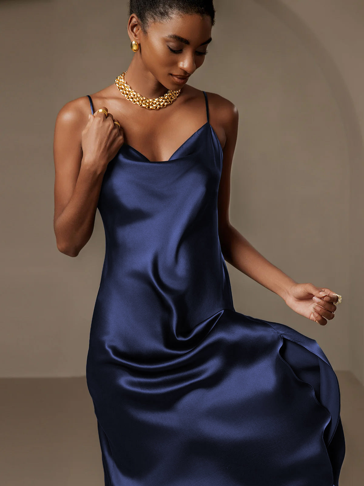 [Dark Blue] SilkSilky-AU 19Momme Pure Silk Cowl Neck Dress 006