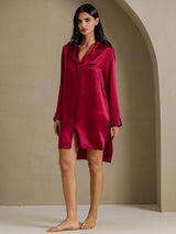 [Wine] SilkSilky-AU Long Sleeve Lapel Collar Nightshirt 008