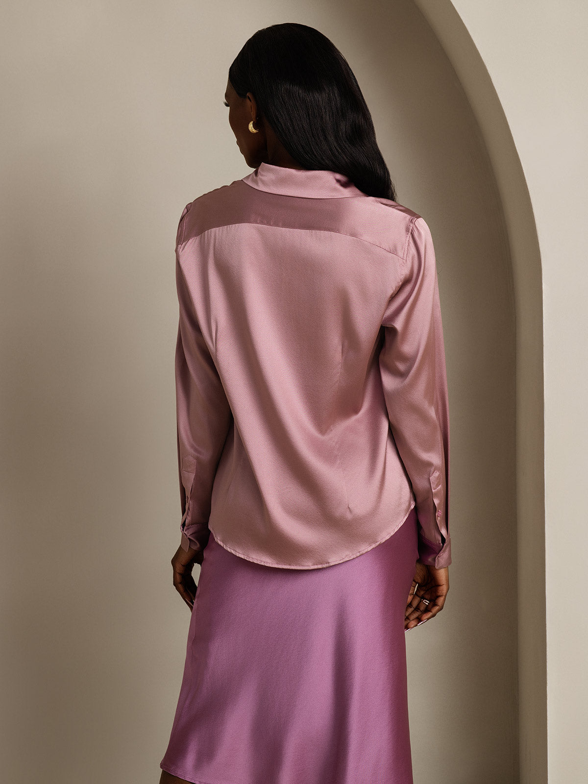 [Pale Mauve] SilkSilky-AU Silk Long Sleeve Lapel Collar Women's Shirt 002