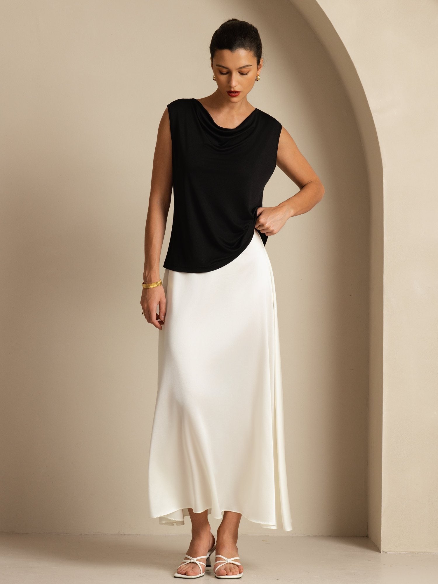 [Black] SilkSilky-AU 100% Silk Jersey Sleeveless Cowl Neck Women's T-Shirt 008