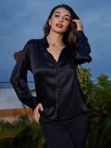 [Black] SilkSilky-AU Long Sleeve Lapel Collar Women's Shirt 005