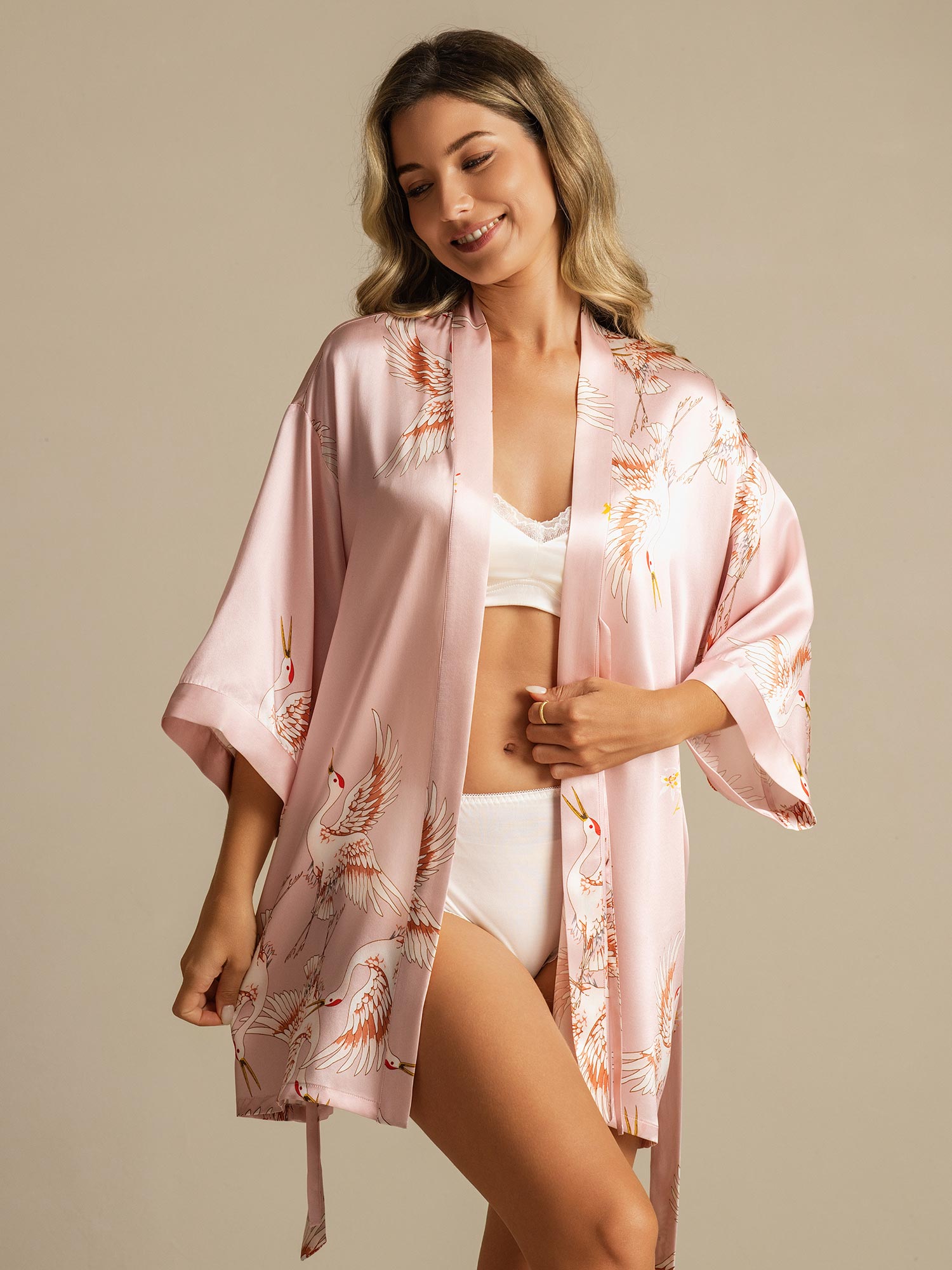 [Pink] SilkSilky-AU Pure Silk Deep V Neck Women's Dressing Gown 003