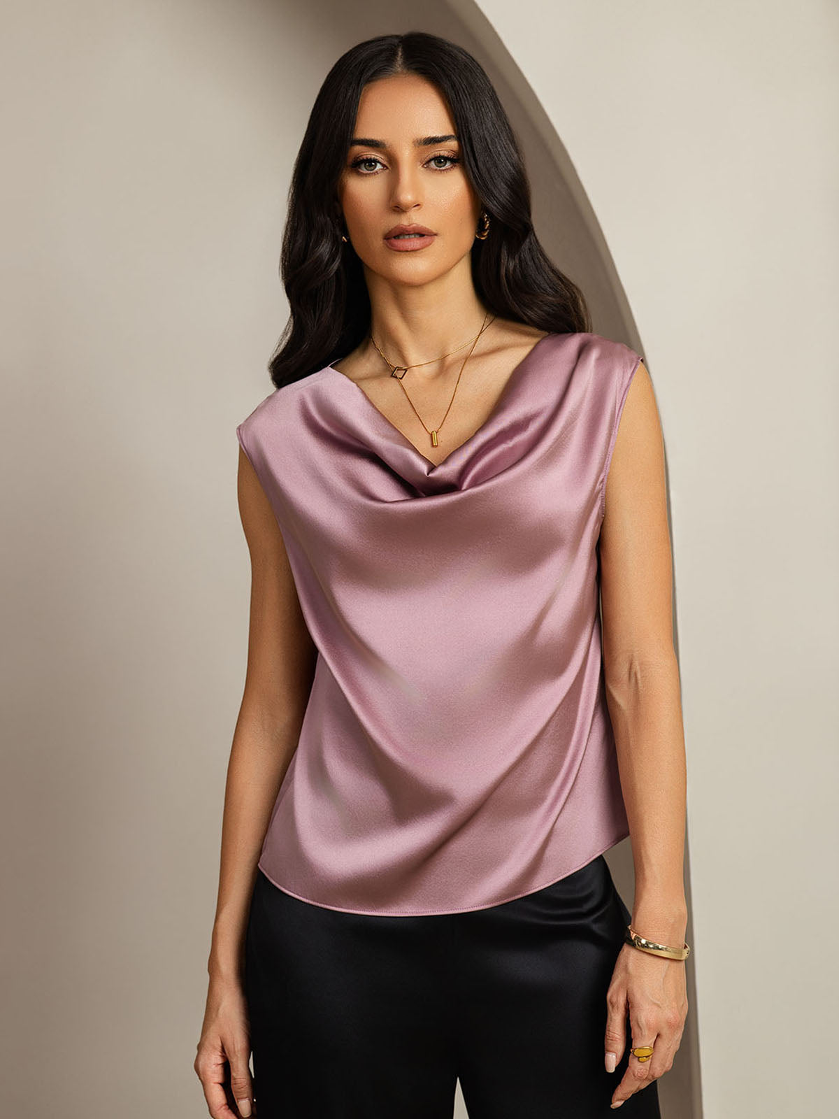 [Pale Mauve] SilkSilky-AU 19Momme Silk Sleeveless Cowl Neck Women's T-Shirt 001