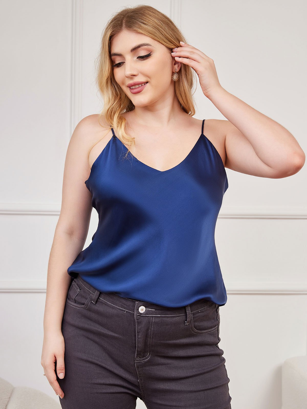 SilkSilky-AU Pure Silk Deep V Neck Plus Size Camisole Top DarkBlue 003