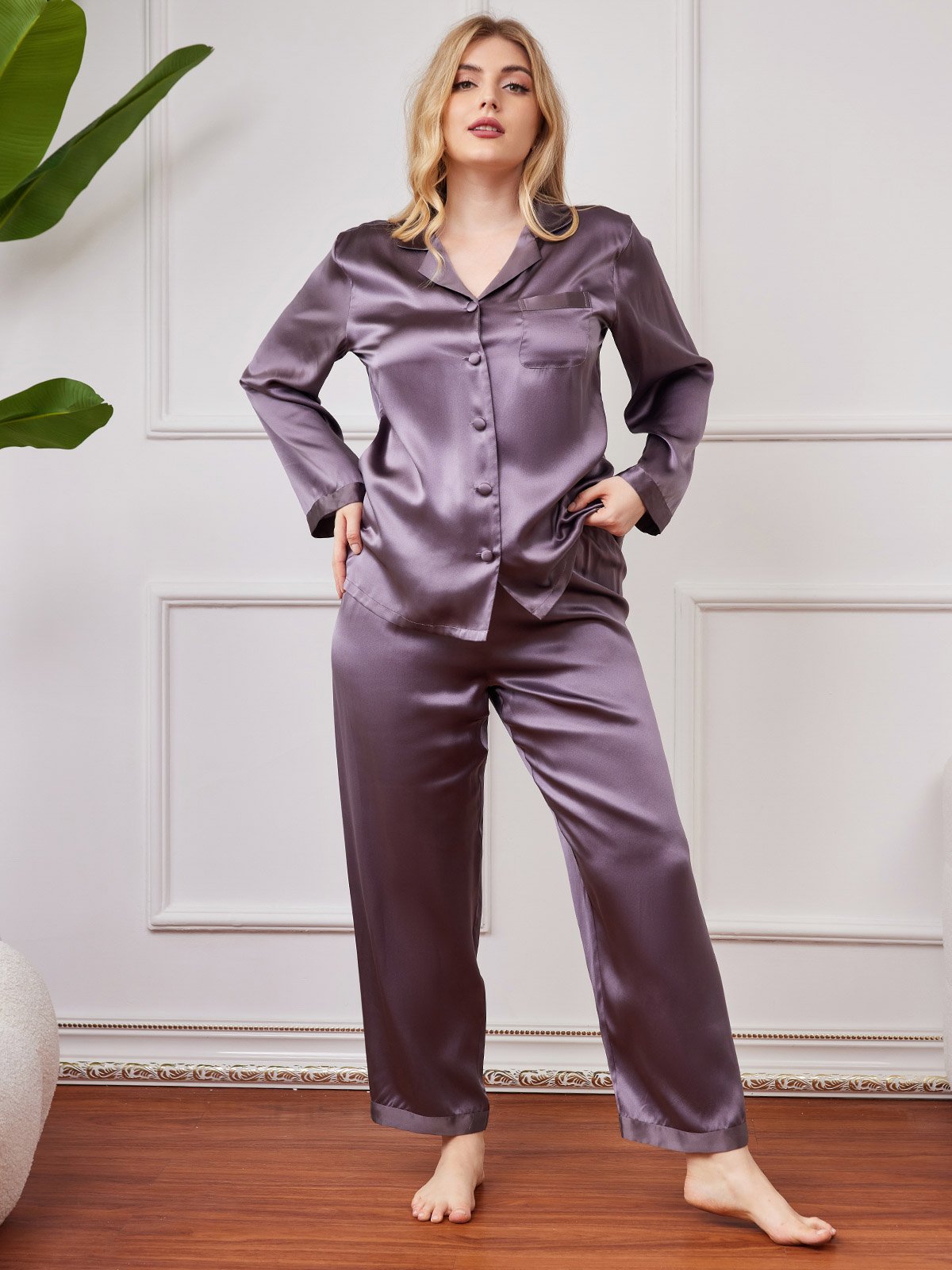 SilkSilky AU Pure Silk Long Sleeve Lapel Plus Size Pyjamas PurpleGray 005