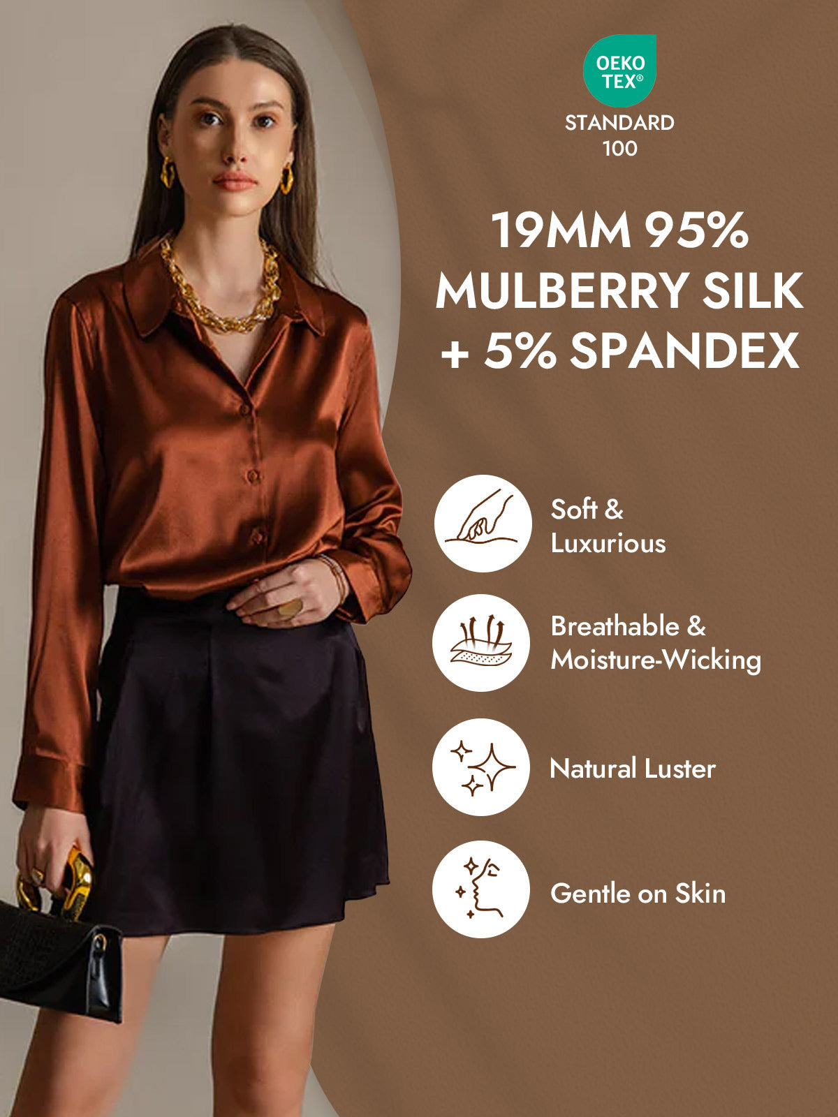 [Caramel] SilkSilky-AU Silk Long Sleeve Lapel Collar Women's Shirt 004