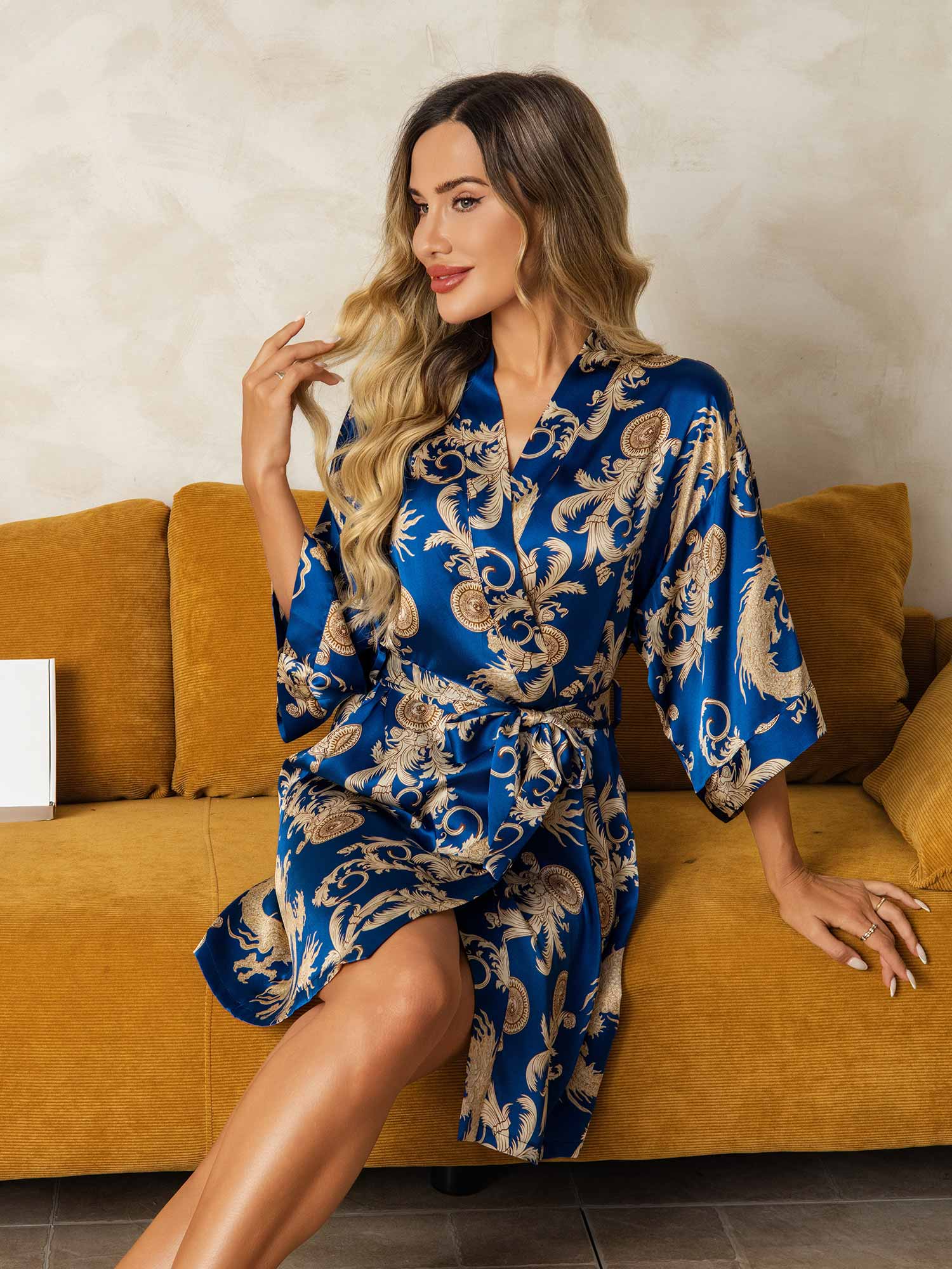 [Blue] SilkSilky-AU Pure Silk V Neck Women's Dressing Gown 004