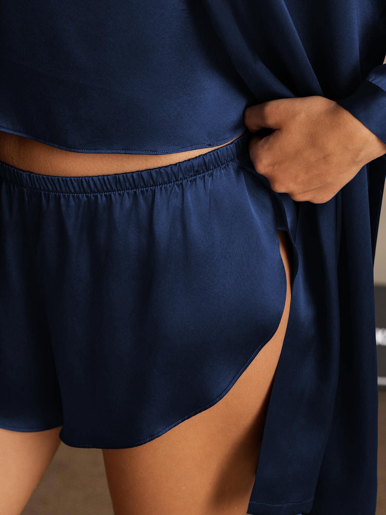 [Dark Blue] SilkSilky-AU Pure Silk Split Nightgown&Dressing Gown Set 005,