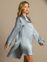 [Grayish Blue] SilkSilky-AU Long Sleeve Lapel Collar Nightshirt 006