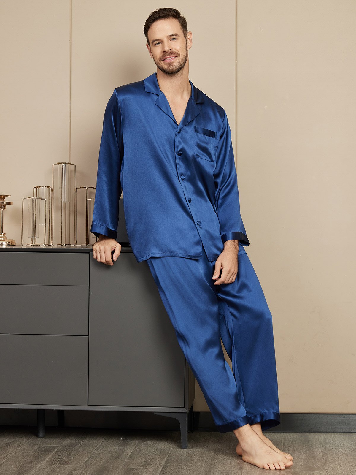 SilkSilky AU Pure Silk Long Sleeve Mens Pajamas DarkBlue 004