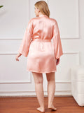 SilkSilky-AU Pure Silk Long Sleeve Deep V Neck Plus Size Dressing Gown Pink 002