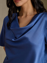 [Real Teal] SilkSilky-AU Short Sleeve Cowl Neck Women's Blouse 004