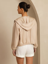 [Tan] SilkSilky-AU 18Momme Silk Satin Surah Long Sleeve Stand Collar Women's Outerwear 002