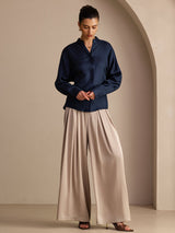 [Dark Blue] SilkSilky-AU Long Sleeve Split Women's Blouse 006