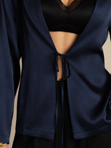 [Dark Blue] SilkSilky-AU 19Momme Stretch Silk Charmeuse Long Sleeve Women's Outerwear 003