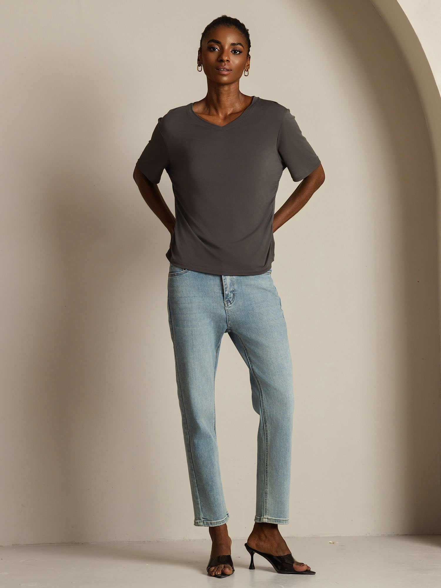 [Gray] SilkSilky-AU Pure Silk V Neck Women's T-Shirt 009