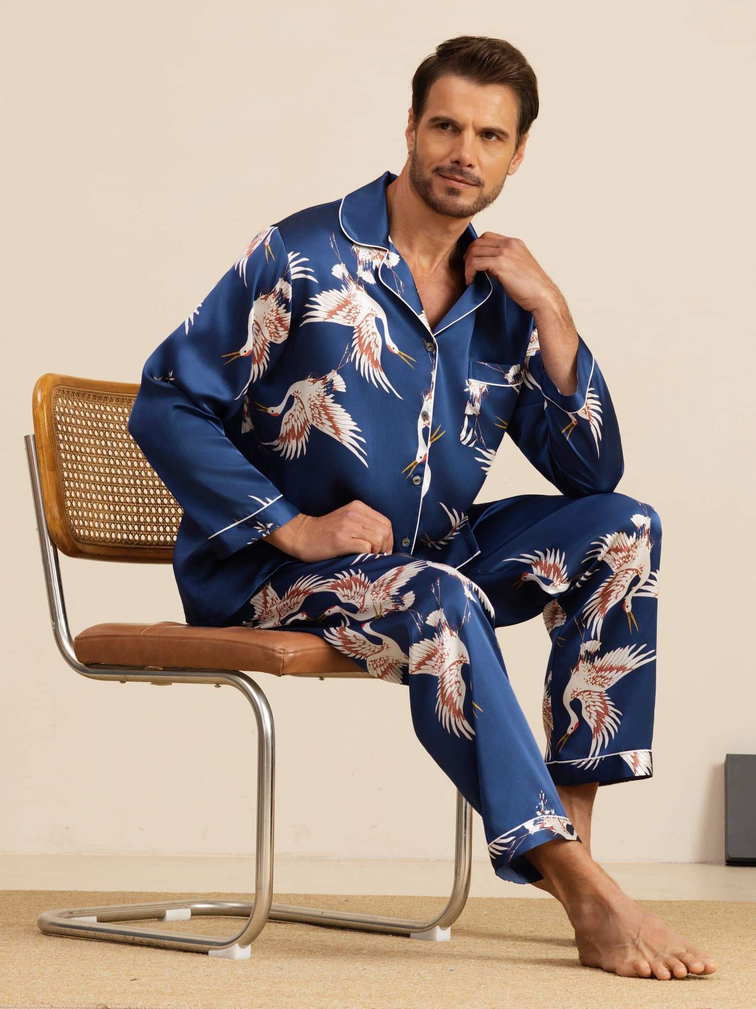 [Dark Blue] SilkSilky-AU 19Momme Long Sleeve Notch Collar Men's Pyjamas 001
