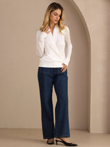 [White] SilkSilky-AU Long Sleeve Wrap Women's Blouse 007