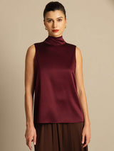 [Dark Red] SilkSilky-AU 19Momme Stretch Silk Charmeuse Sleeveless High Neck Blouse 006
