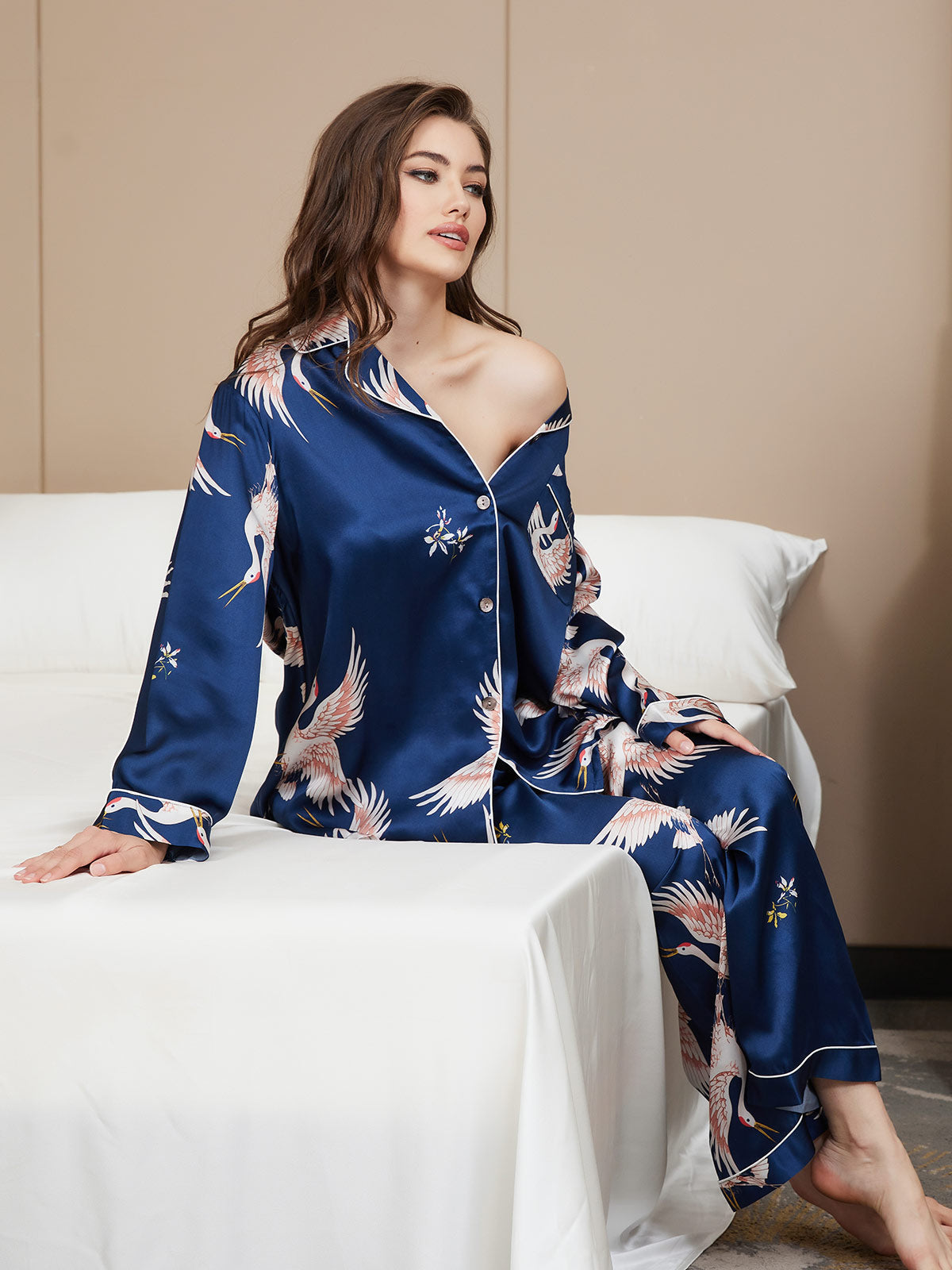 [Dark Blue] SilkSilky-AU 19Momme Long Sleeve Notch Collar Women's Pyjamas 002