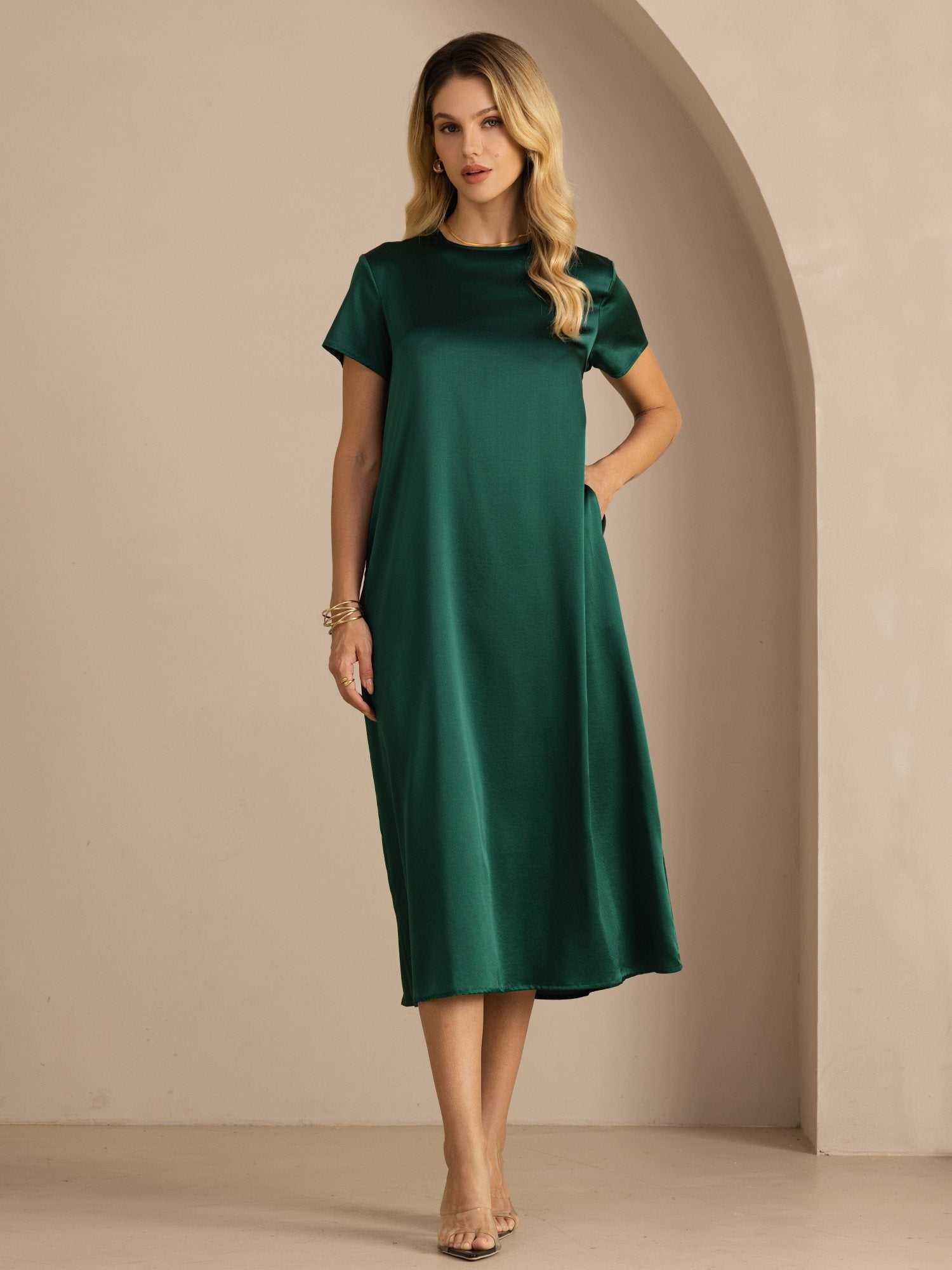 [Dark Green] SilkSilky-AU Short Sleeve Crew Neck Dress 001