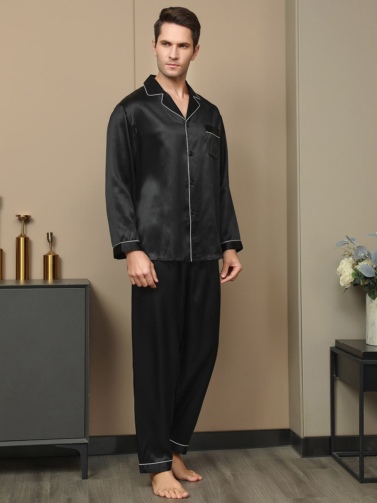 SilkSilky AU 19Momme Pure Silk Long Sleeve Lapel Men's Pyjamas Black 003