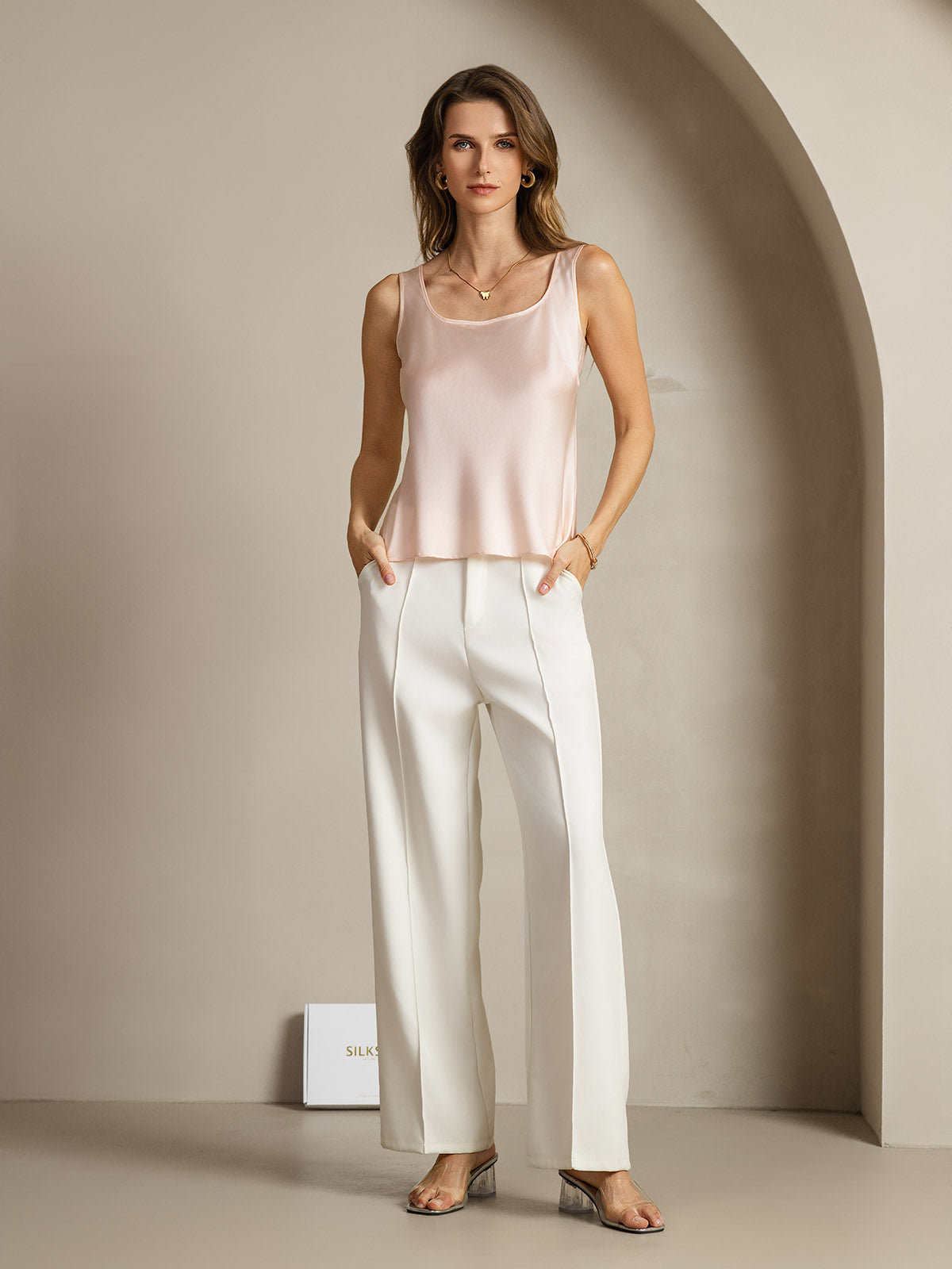 [Pink] SilkSilky-AU 19Momme Silk Sleeveless U Neck Camisole 004