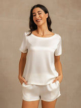 [White] SilkSilky-AU 19Momme Machine-Washable Silk Short Sleeve Round Neck Women's Pyjamas 001