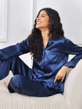 SilkSilky-AU Pure Silk Long Sleeve Lapel Women's Pyjamas DarkBlue 001