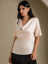 [Beige] SilkSilky-AU Short Sleeve Cowl Neck Women's Blouse 001
