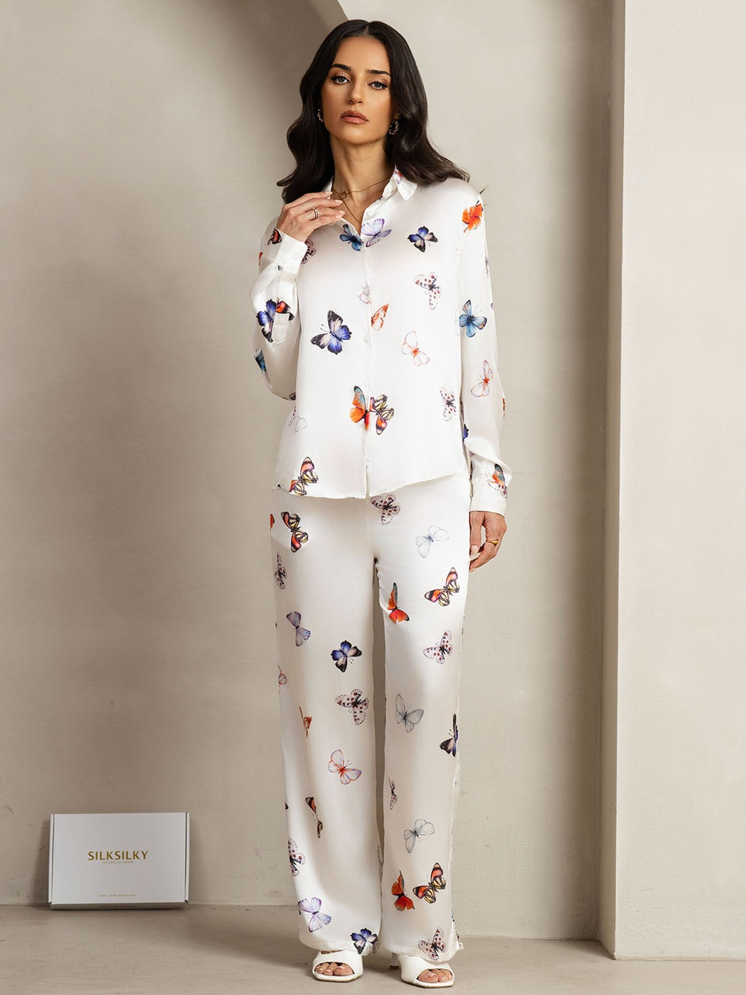 [WhiteButterfly] SilkSilky-AU 19Momme Silk Lapel Collar Women''s Outfit Sets 001