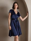 SilkSilky AU 19Momme Silk Short Sleeve V Neck Dress DarkBlue 004