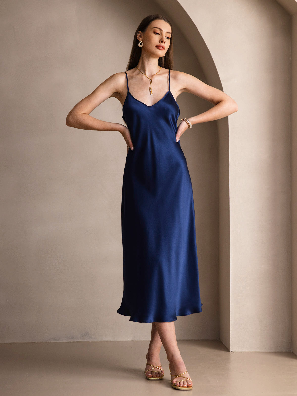 [Dark Blue] SilkSilky-AU Spaghetti Strap V Neck Dress 004