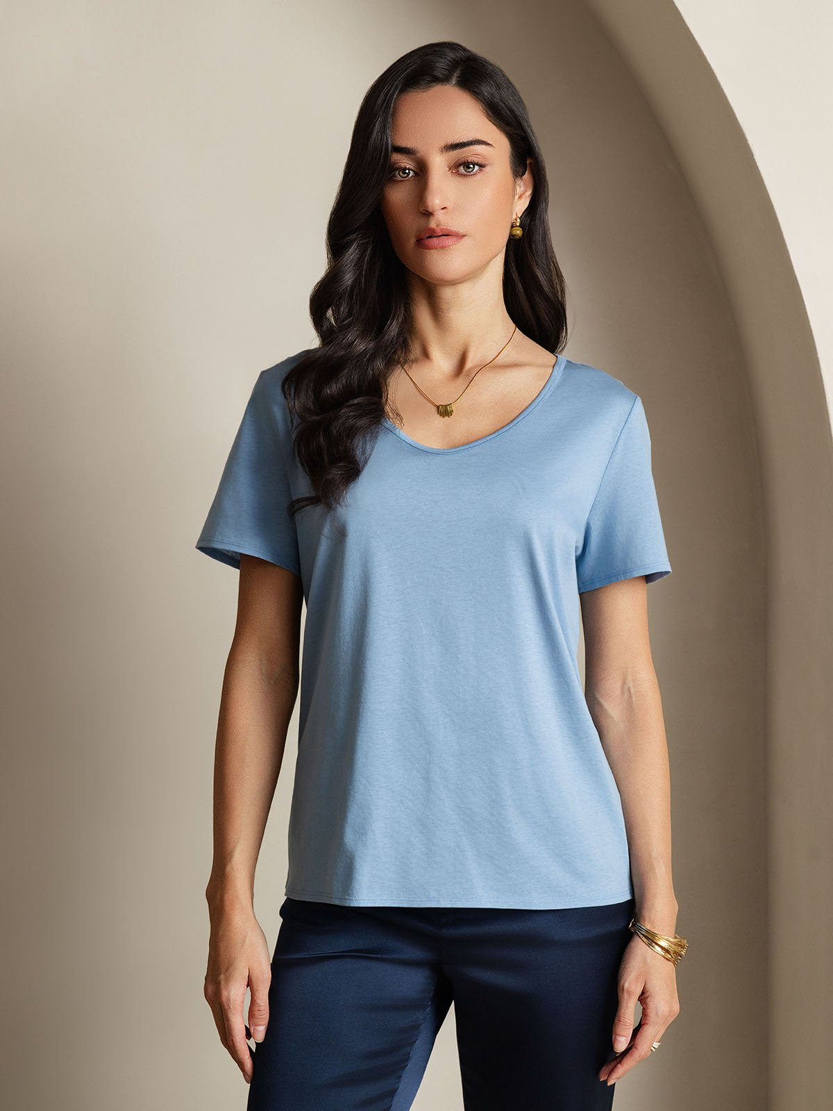 SilkSilky-AU Silk Short Sleeve V Neck Women's T-Shirt Blue 001