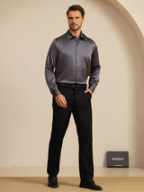 [Dark Gray] SilkSilky-AU 19Momme Stretch Silk Charmeuse Long Sleeve Lapel Collar Men's Shirt 008