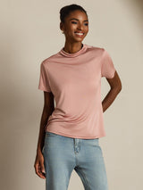 [Pink] SilkSilky-AU 100% Silk Jersey Short Sleeve Mock Neck Women's T-Shirt 006
