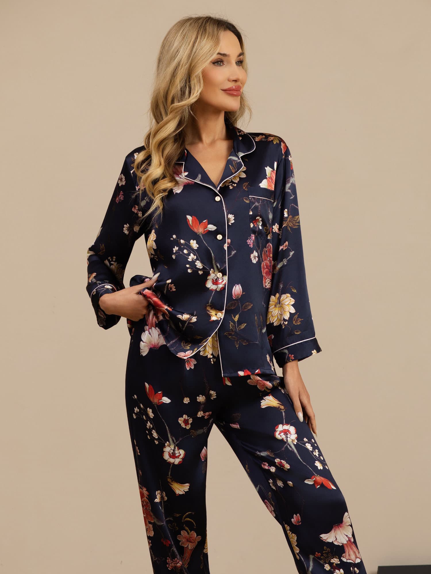 [Navy Floral] SilkSilky-AU Long Sleeve Notch Collar Women's Pyjamas 005