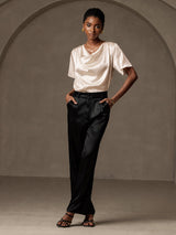 [Beige] SilkSilky-AU Short Sleeve Cowl Neck Women's Blouse 005